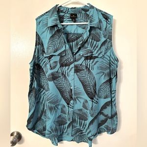 Worthington Aqua Palm Print Sleeveless Top XL